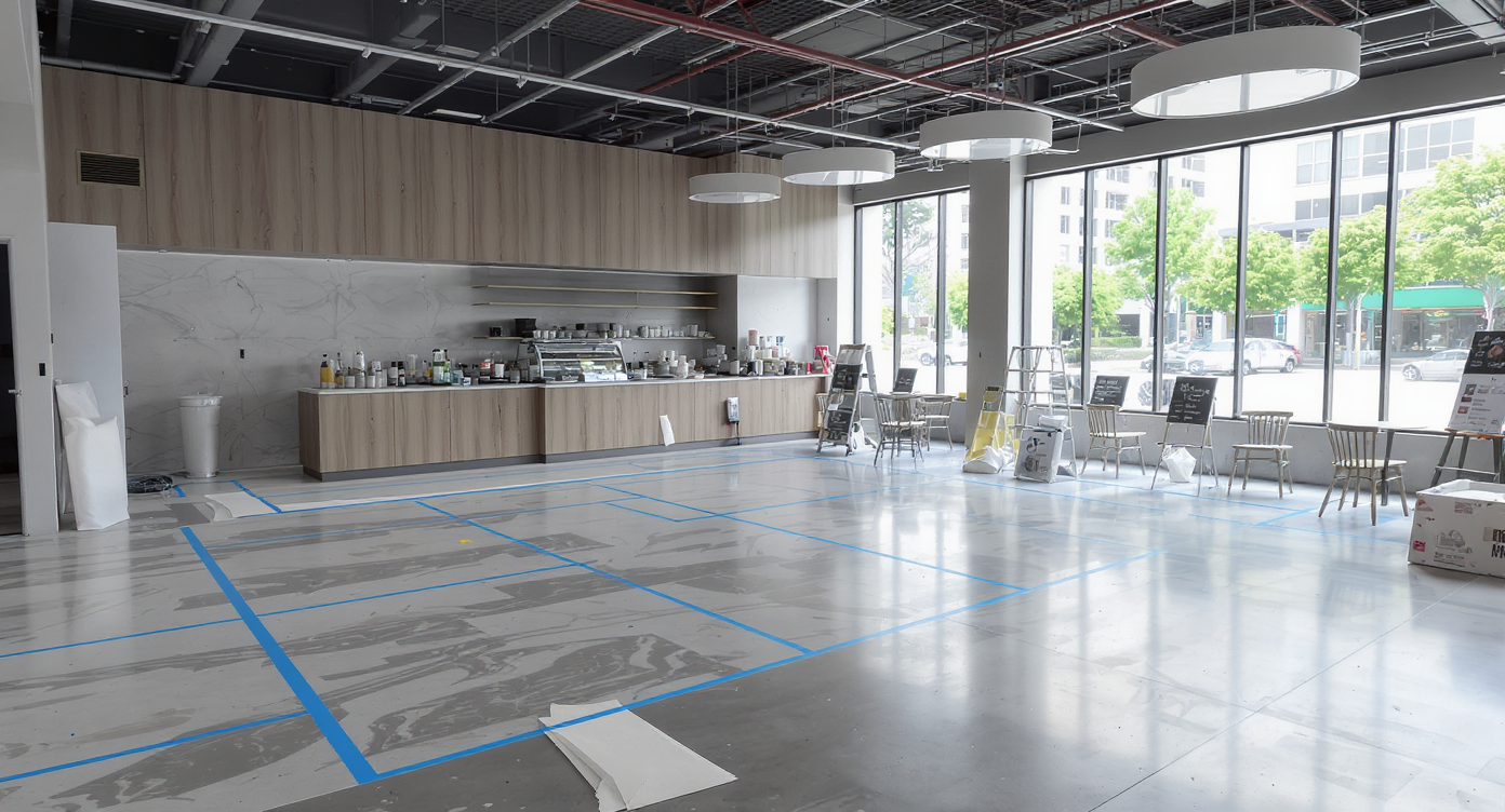 A coffee shop interior marked with blue painter’s tape showing optimized customer flow, mockup furniture, and adjusted zones—no people present.