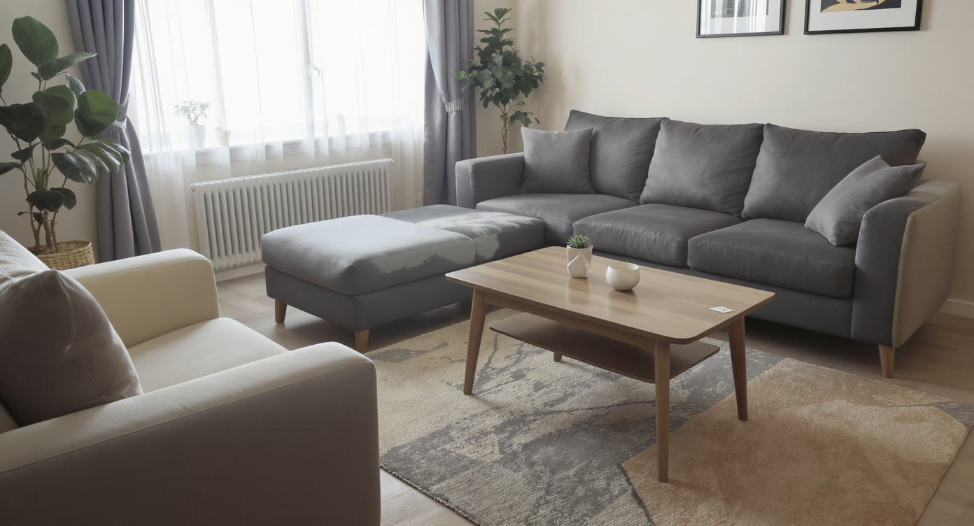 Modern living room with newly delivered imperfect furniture, scattered packaging, return forms, and delivery boxes, evoking regret and frustration.