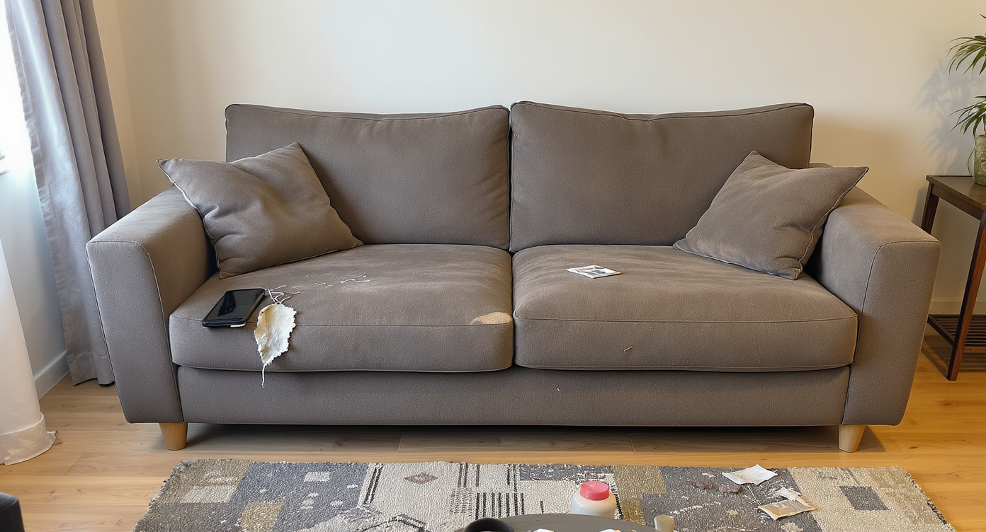 A sofa with sagging cushions and a broken frame sits in a modern living room, alongside a chipped coffee table with worn synthetic finishes.