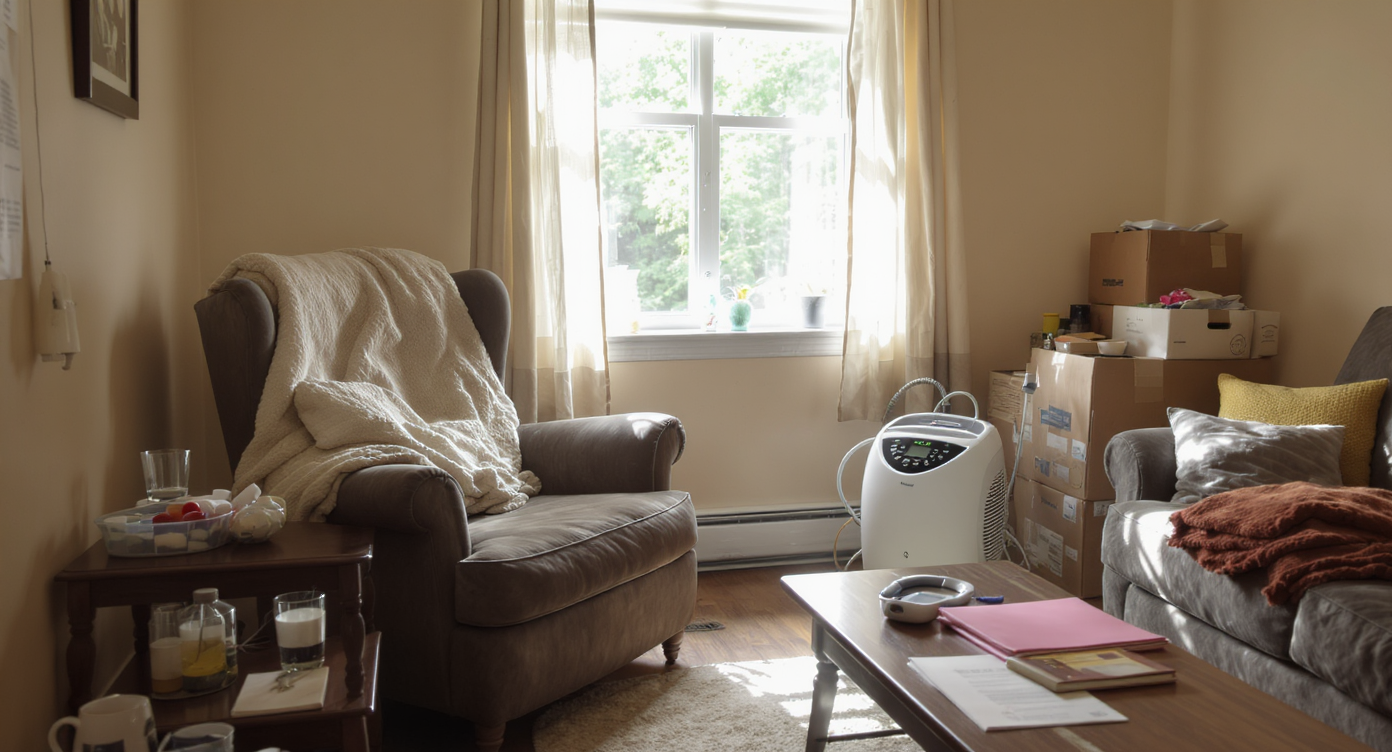 A sunlit living room shows moving boxes, medical equipment, and real estate materials, revealing a home in transition at end-of-life occupancy.