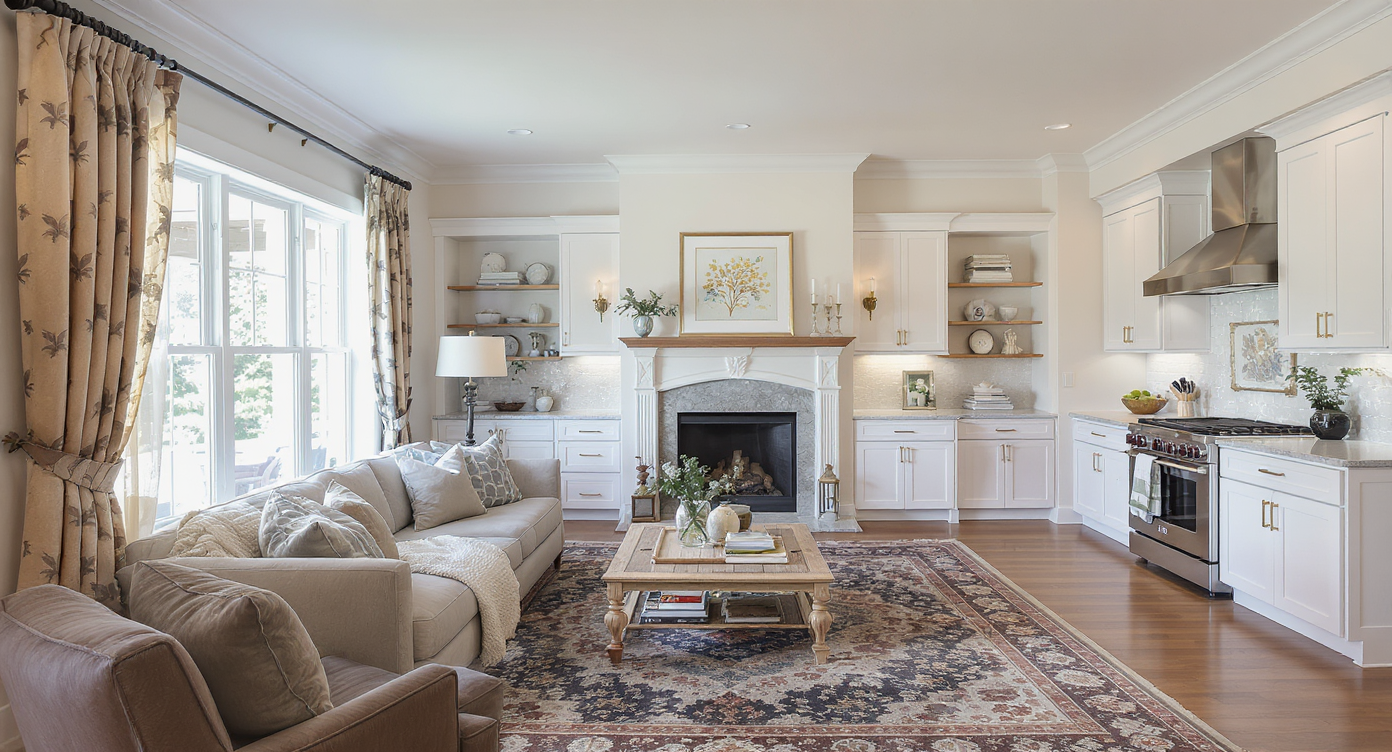 A sunlit living space in transition, featuring old furnishings on one side and modern renovation materials, design samples, and digital plans on the other.