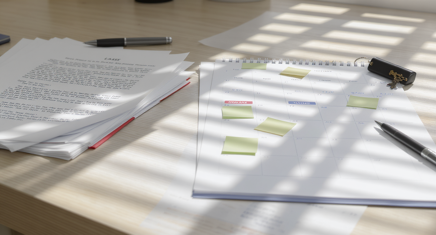 A realistic home office desk with legal documents, a calendar with sticky notes marking dates, and a house key beside it under soft sunlight.
