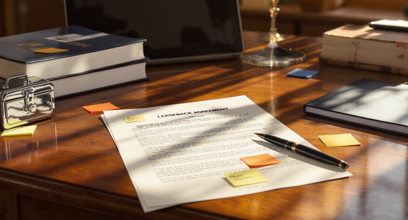 A tidy home office desk with a marked leaseback agreement, legal books, escrow folder, and a locked cashbox illuminated by natural light.