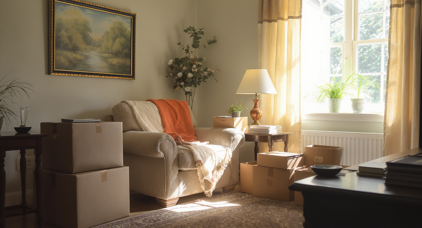 A realistic living room shows moving boxes, an occupied armchair, legal documents, and house keys, illustrating a home in transition of ownership.