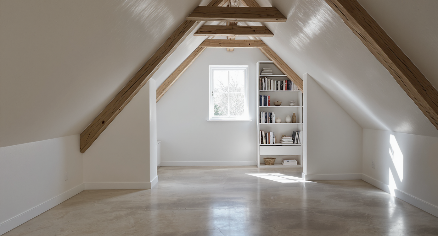 Spacious attic room with a custom bookcase along a straight wall, leaving low, awkward corners empty for accessible, practical storage.
