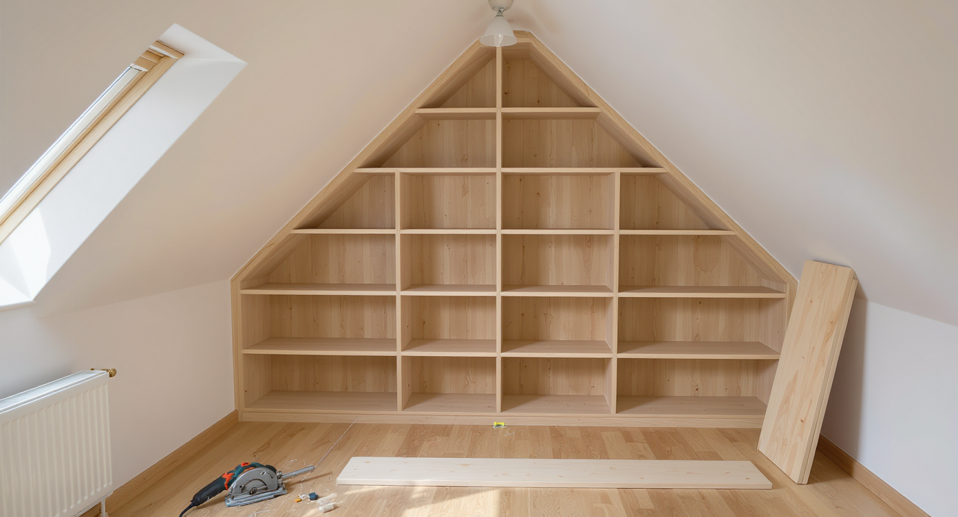 Angled built-in bookcase installed under a sloped ceiling, with cut shelves aligned to the slope and circular saw placed next to a marked board.
