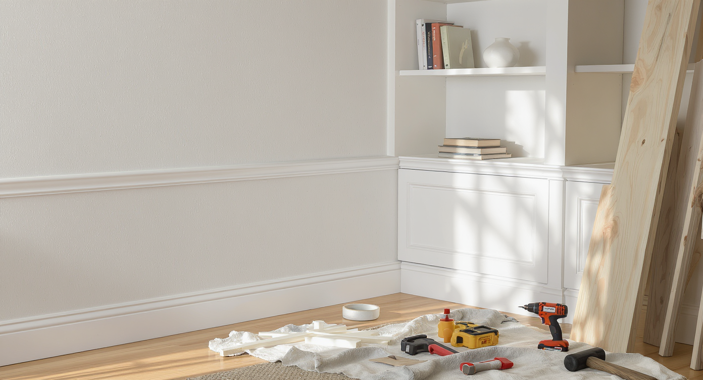 Trim and moldings being installed along the edges of a white bookcase to cover wall seams, demonstrating a seamless built-in look.