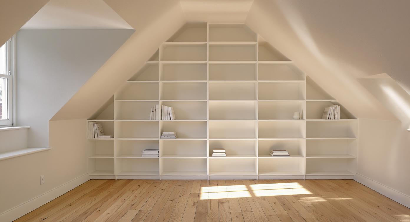 Custom-looking built-in bookcases created by combining four white shelf units under a sloped attic ceiling, maximizing storage in a tricky alcove.