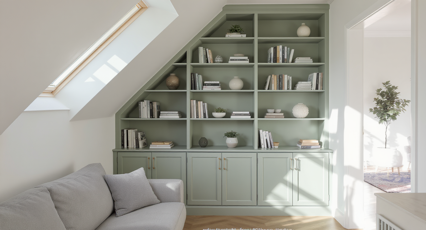 Built-in bookcase painted muted sage green blends into a compact living room corner, creating a unified, designer look beneath a sloped ceiling.