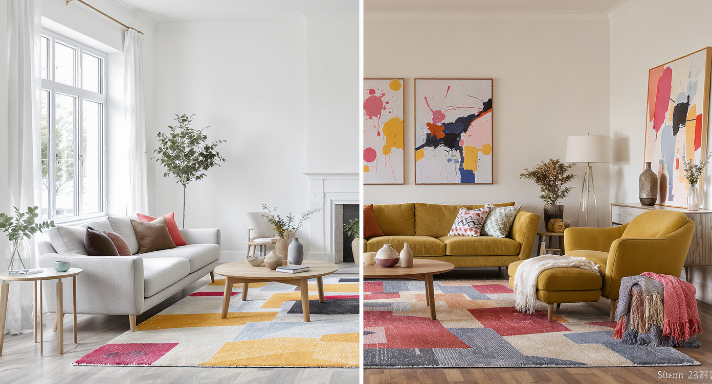 A living room split into minimalist and vibrant halves, each with a playful rug, illustrating how room style affects visual harmony.