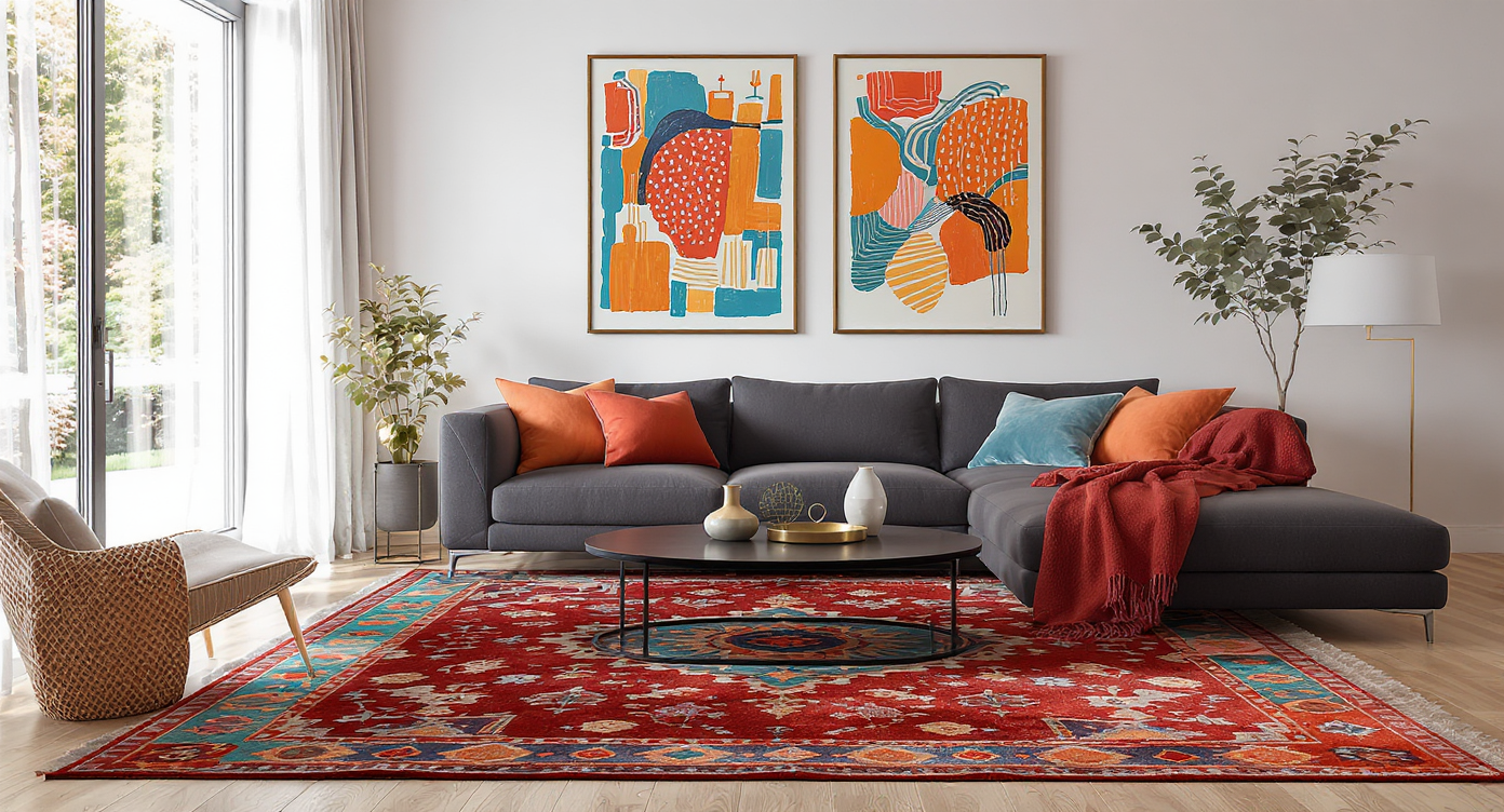 A modern living room with a vibrant playful rug, neutral streamlined furniture, metallic accents, and wall art echoing the rug’s colors.