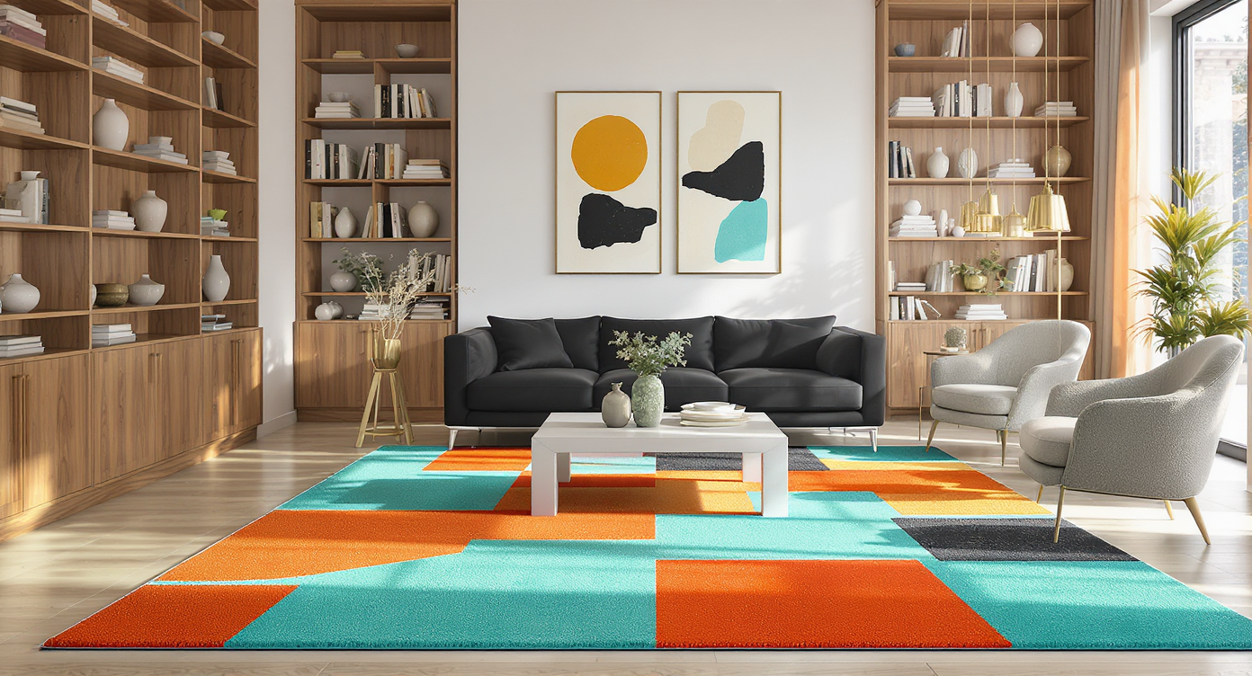 Contemporary adult living room with a playful, colorful rug, modern furniture, curated decor, and sunlit natural lighting. No people visible.