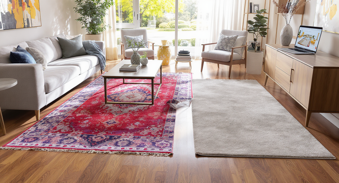 A modern living room with two rug arrangements side by side, one perfectly sized under furniture, one too small, plus a laptop showing a rug selection tool.