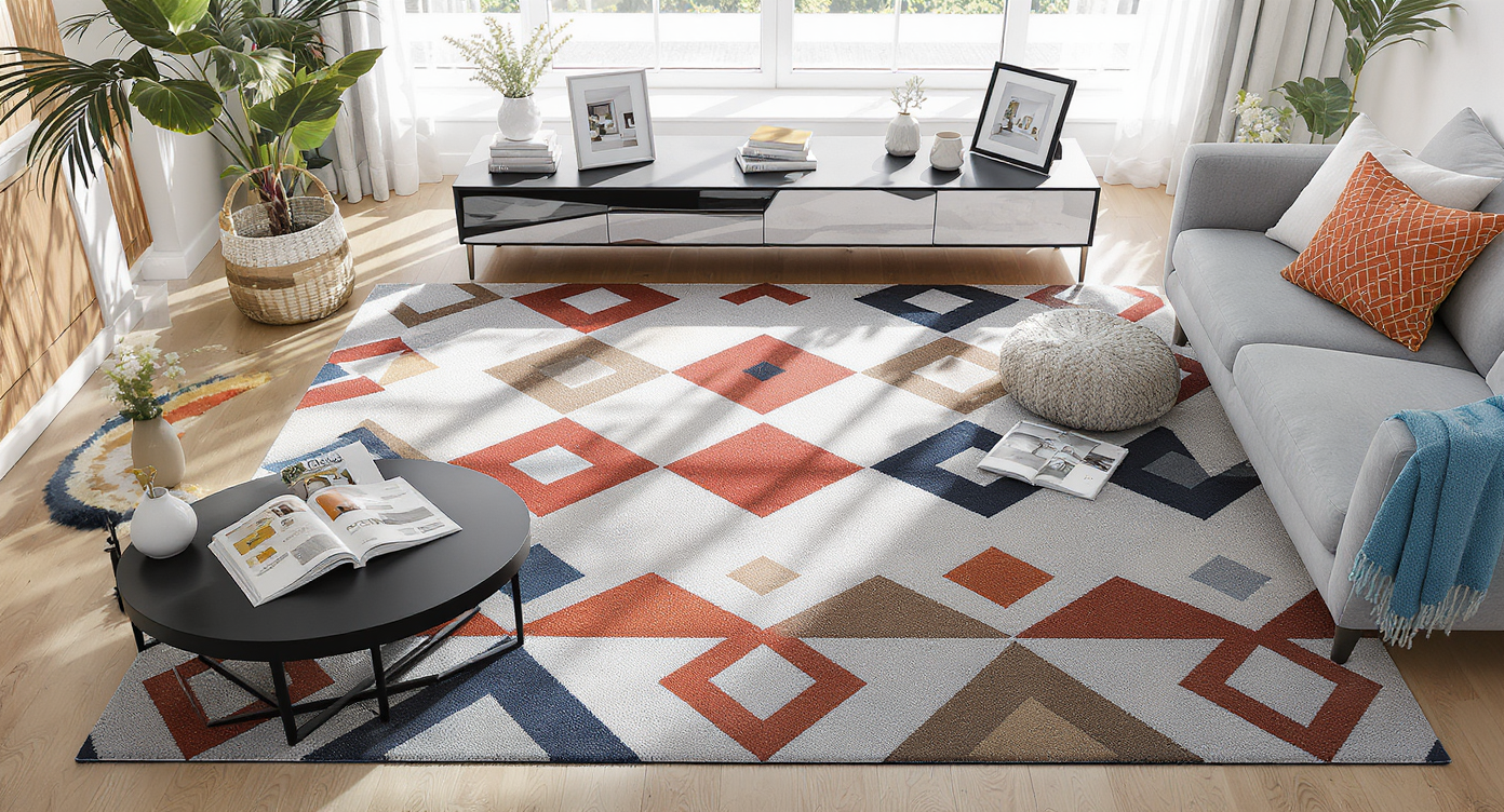 Modern living room with a bold rug, open design magazines, a tablet showing visualization software, and personal objects conveying design feedback.