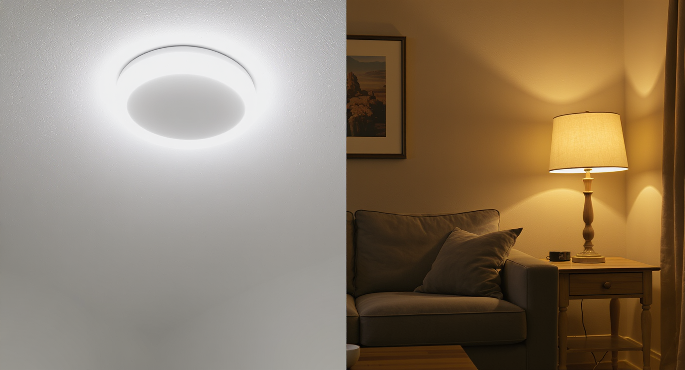 A photorealistic modern living room showing a side-by-side contrast of harsh overhead light versus warm, layered lamp lighting drawing focus to comfort.