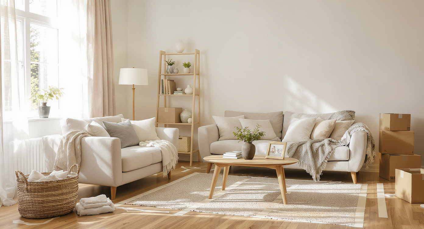 Unfurnished living room with tape outlines for furniture, lighting options turned on, basic storage, moving boxes, and grouped decor items.