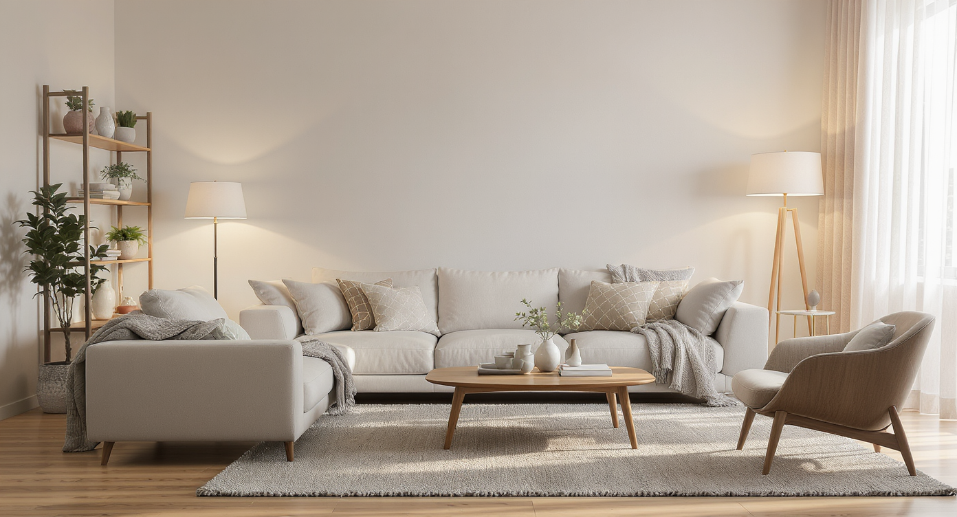 A bright, modern living room with affordable furnishings, natural light, and fresh decor, designed as an inviting, realistic main living space.