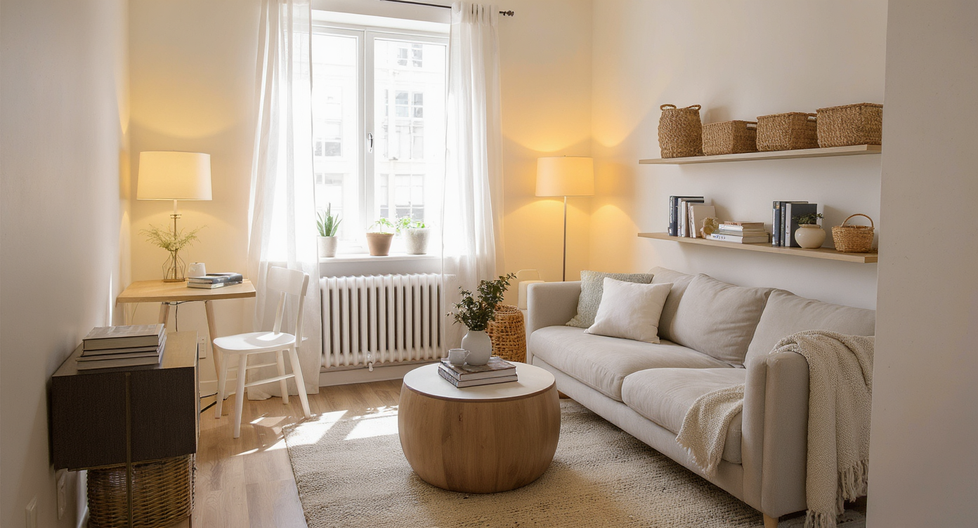 Photorealistic empty apartment living area with a cozy sofa, simple dining set, modular storage, multipurpose lighting, and sunlit affordable decor.