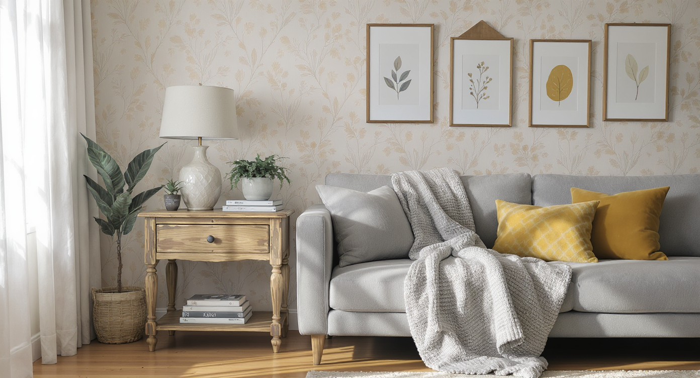 A photorealistic living room corner with a thrifted lamp, peel-and-stick wallpaper accent, framed prints, plants, books, and cozy cushions.