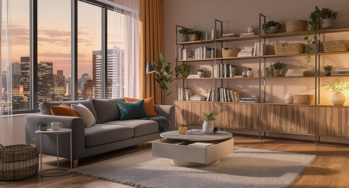Inviting main living space at dusk with warm lighting, colorful art, compact sofa, vibrant pillows, smart coffee table, and styled open shelves.