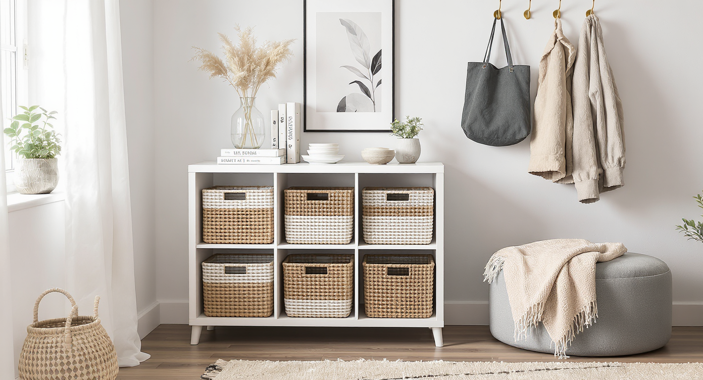 A realistic living room scene with cube organizers, baskets, shelves, wall hooks, and a storage ottoman neatly arranged for smart, affordable storage.
