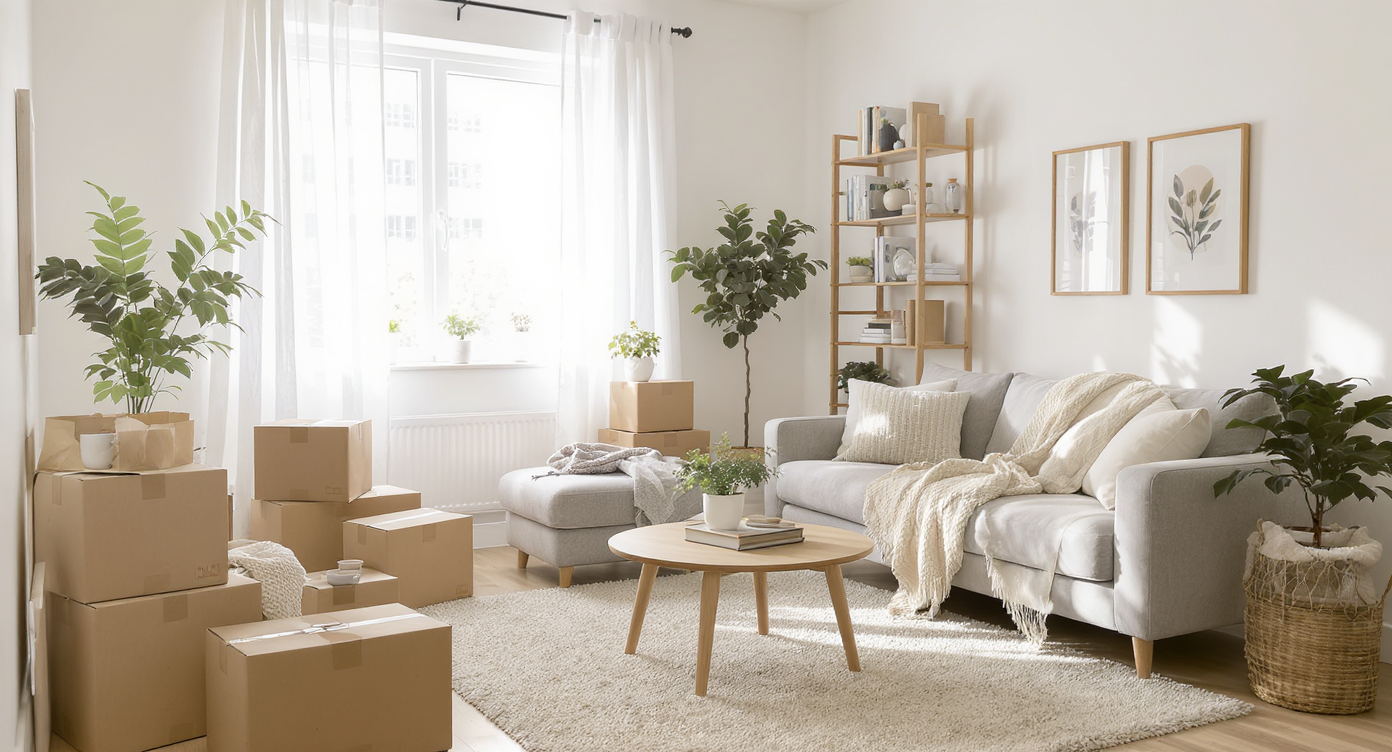 A bright, barely furnished living room with moving boxes, rolled-up rug, and simple furniture, conveying a sense of starting fresh and possibility.