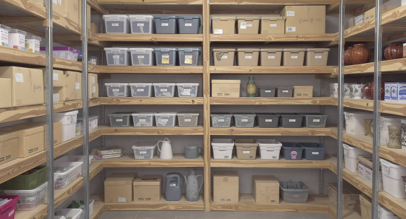 Photorealistic storage room with sturdy plywood shelving holding bins, boxes, and oddly shaped items; labels visible on containers; no people present.