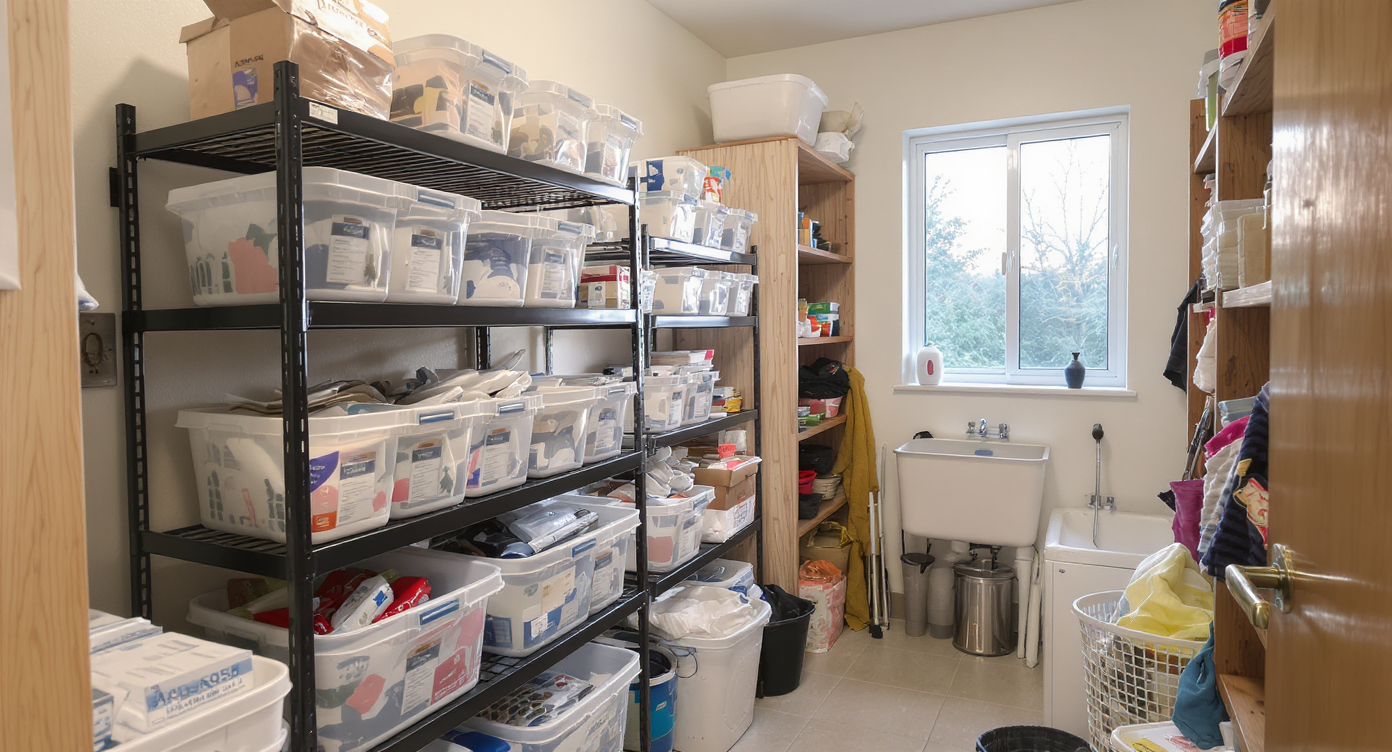A small utility room with wall-mounted tote racks holding plastic bins on one side and traditional shelves crowded with boxes on the other.