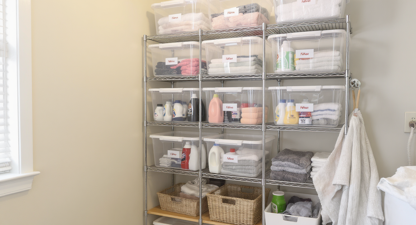 Laundry room storage with wall-mounted tote rack for bins above and open shelves with laundry essentials below, showing neat organization.