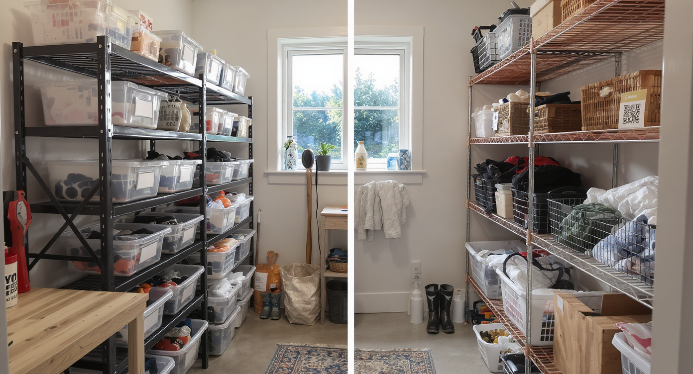 A real-world utility room shows tote racks with labeled bins on one wall and mix-and-match shelves with storage boxes and baskets on the other.