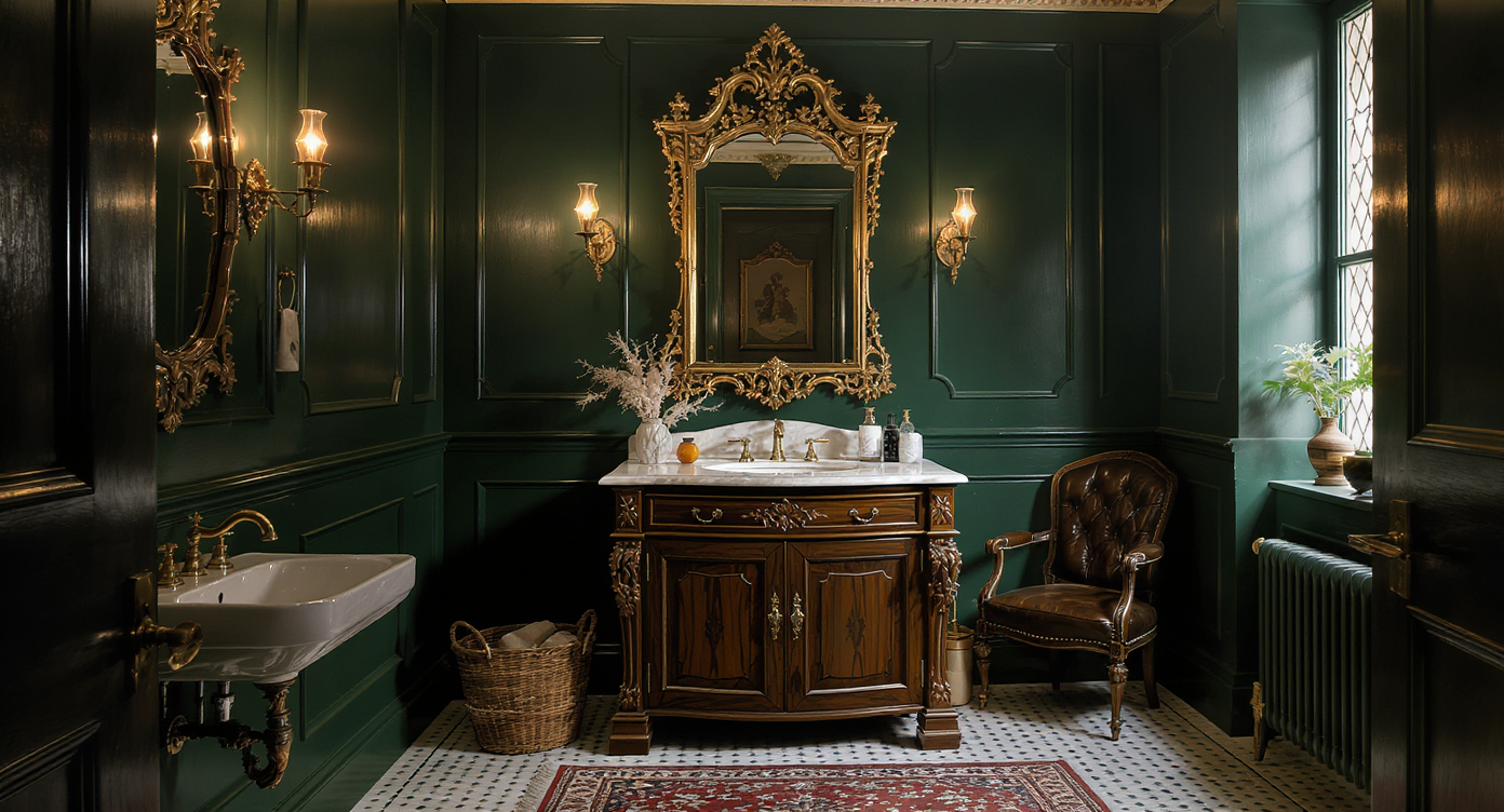 A moody green English-style powder room featuring a marble-topped vintage vanity, ornate mirror, wall-mounted sink with brass taps, and modern concealed storage.