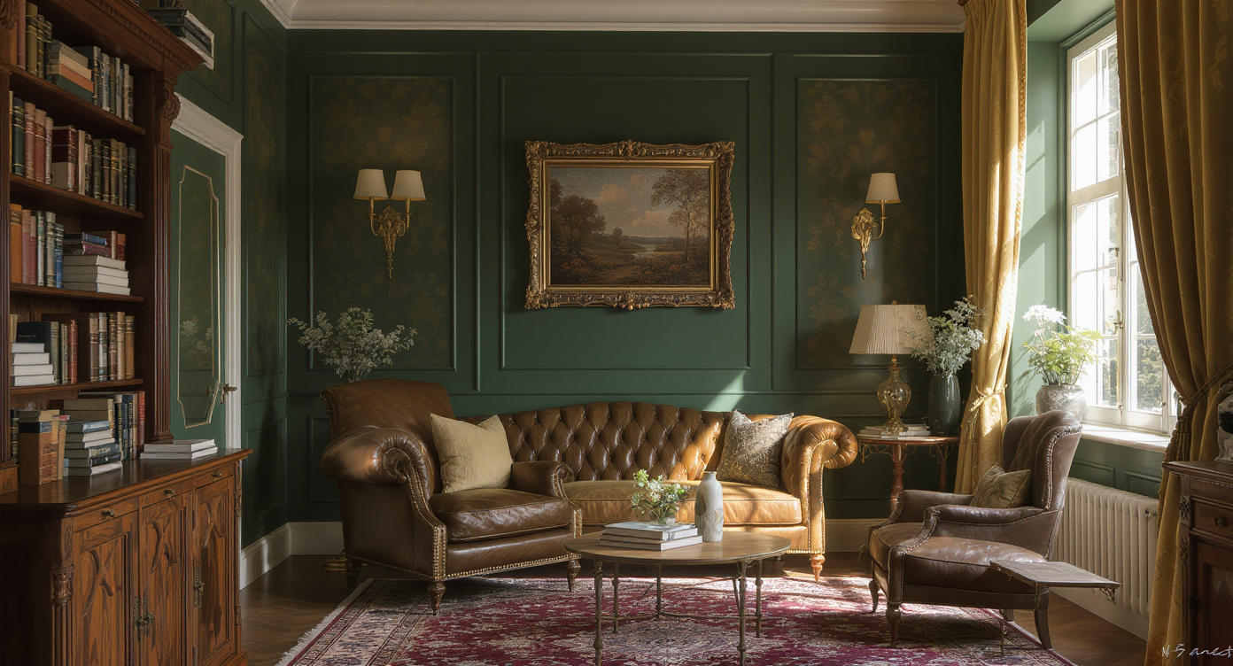 A moody green study features deep olive walls, leather chair, books, brass sconces, botanical wallpaper, and classic details in natural light.