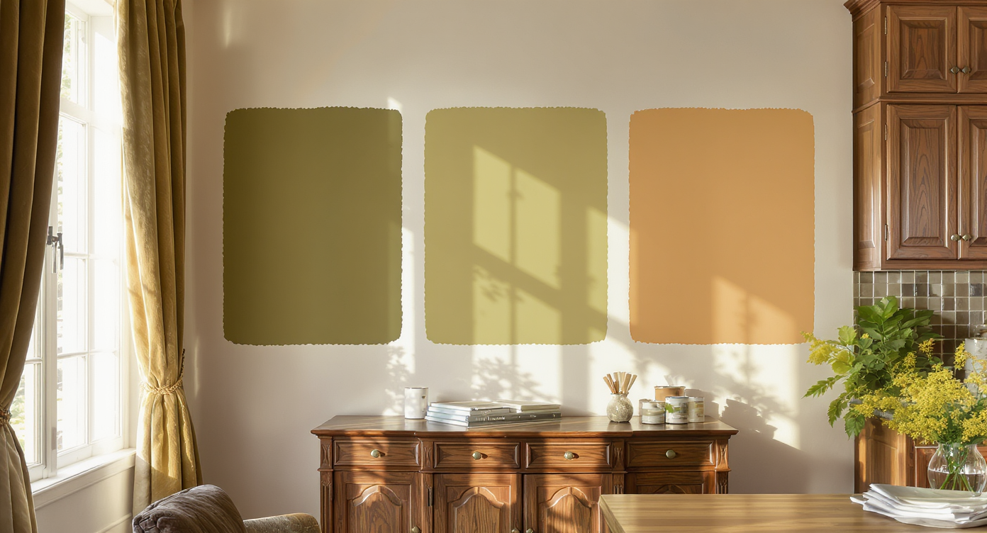Sunlit living room wall with large olive, khaki, and earth-tone paint swatches, velvet drapes, wooden cabinetry, and glazed ceramic tile textures.