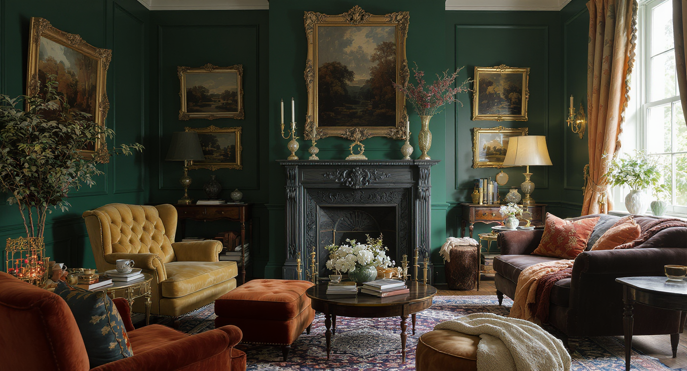 Editorial hero image of a moody green English-inspired living room with rich paneled walls, classic decor, velvet armchair, and layered Persian rugs.