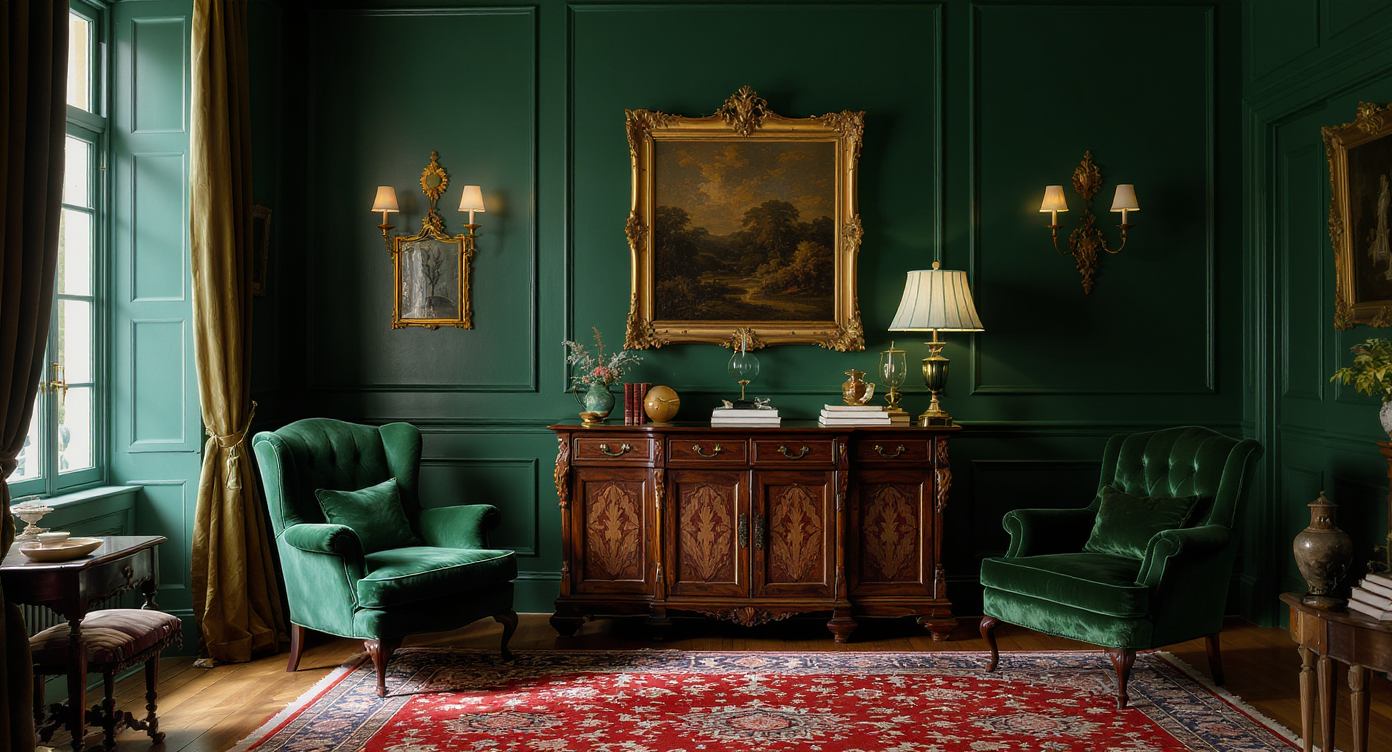 Moody English-inspired living room with rich green walls, vintage brass hardware, curated personal objects, and layered textures.