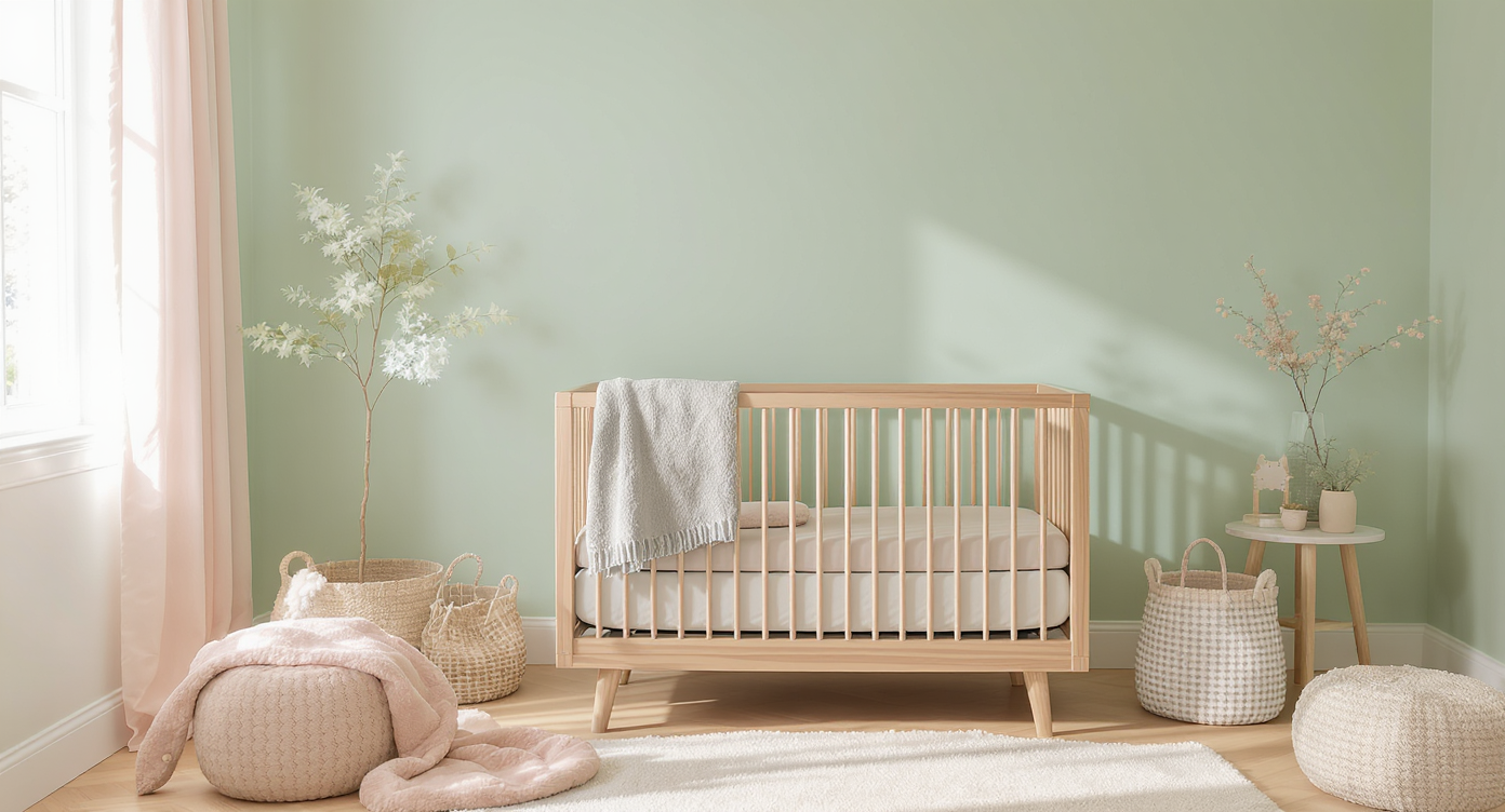 Modern baby nursery with soft green walls, creamy white trim, taupe crib bedding, blush accents, and natural wood elements in daylight.