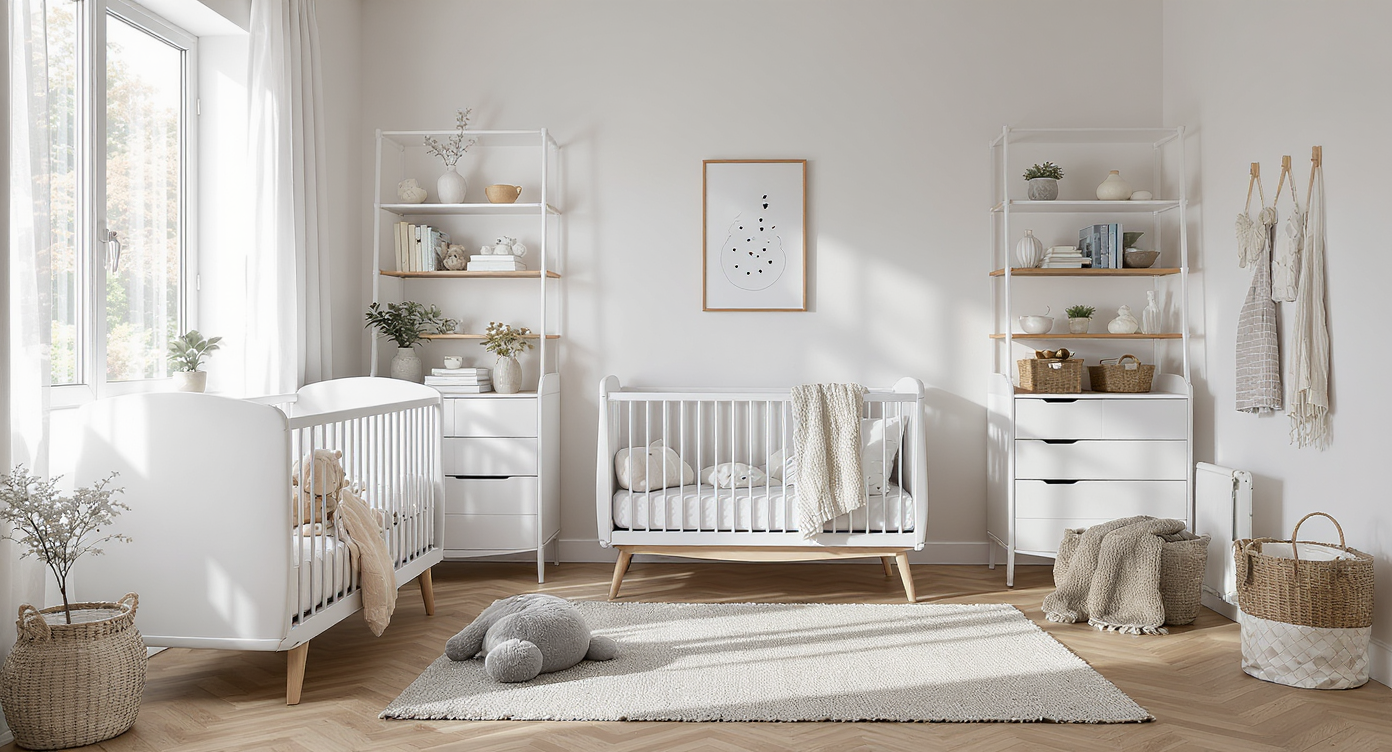 A shared nursery and guest room with a modular crib, lightweight chair, rolling carts, and clear sleep, play, and visitor zones, all in one space.