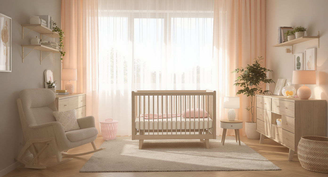 Ultra-realistic baby girl nursery with crib, pastel bedding, open shelves, rocking chair, neutral rug, and gentle natural lighting. No people.