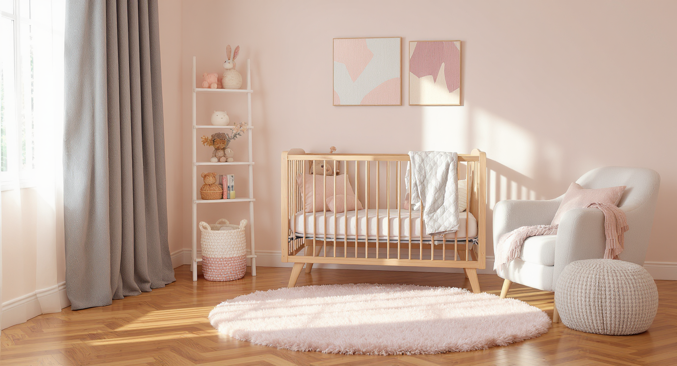 Photorealistic nursery corner with plush pastel rug, quilted blanket, blackout curtain, and cozy ottoman, showcasing soft sensory textiles.