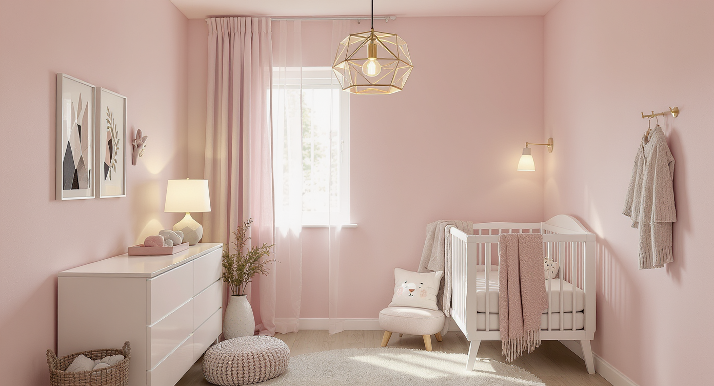 Modern baby nursery with layered lighting: pendant ceiling light, table lamp, wall sconce, dimmer, and accent lights highlight decor and furnishings.