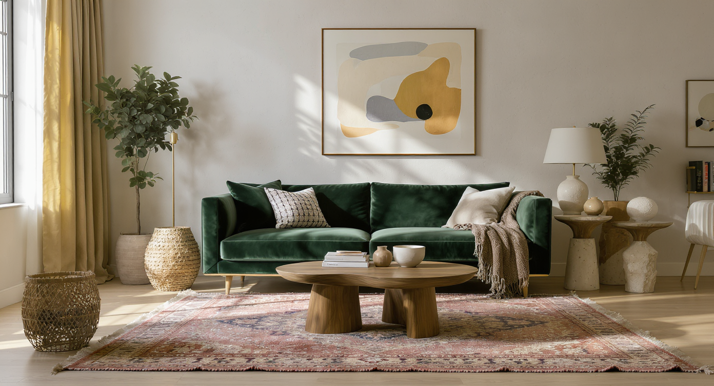 A sunlit living room with mixed-style furnishings: velvet sofa, vintage rug, sculptural table, global ceramics, and contemporary wall art.