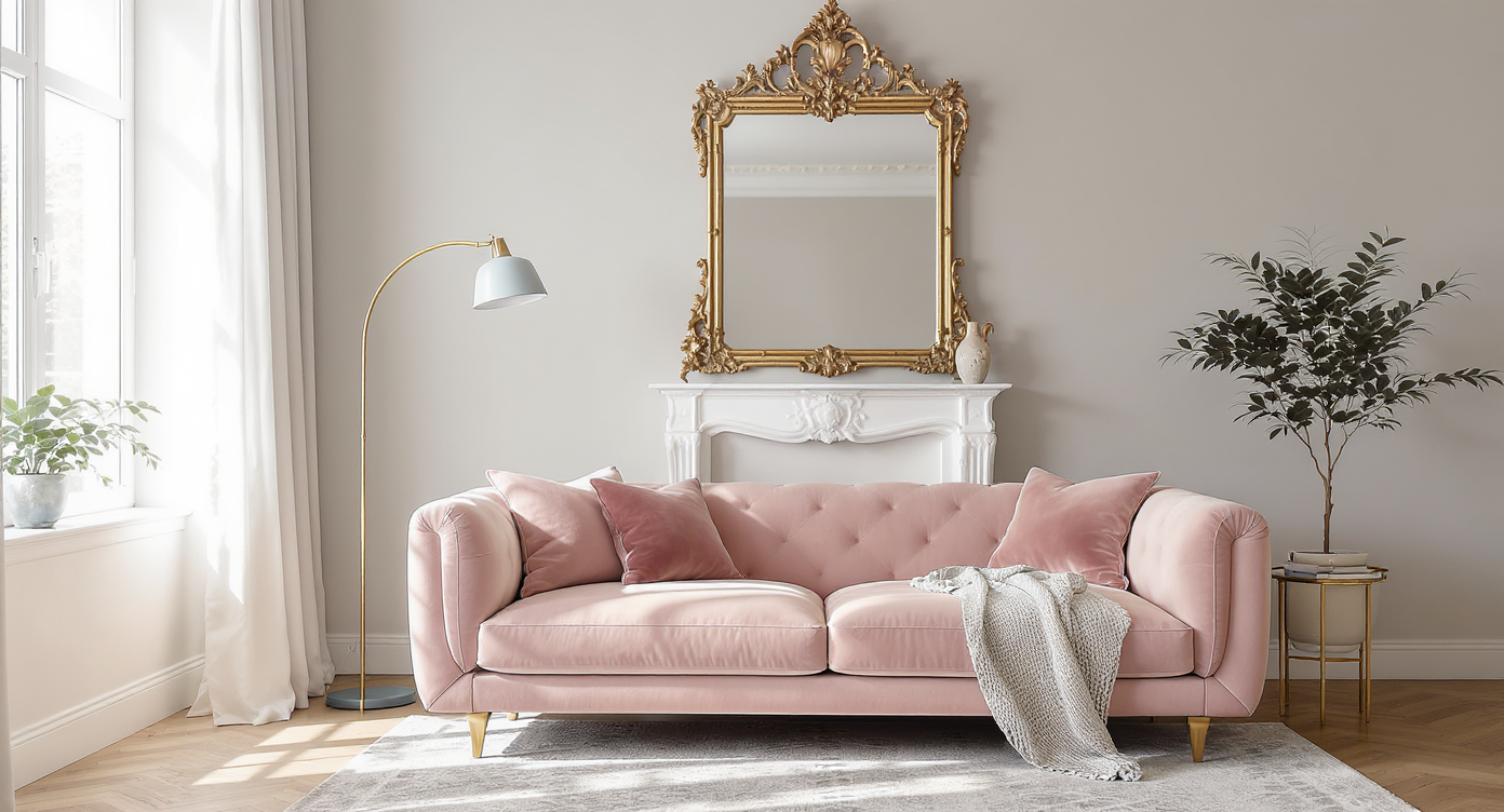 A sunlit living room showcases a blush velvet sofa, Italian sculptural lamp, antique French mirror, and vintage ceramics in an eclectic mix.
