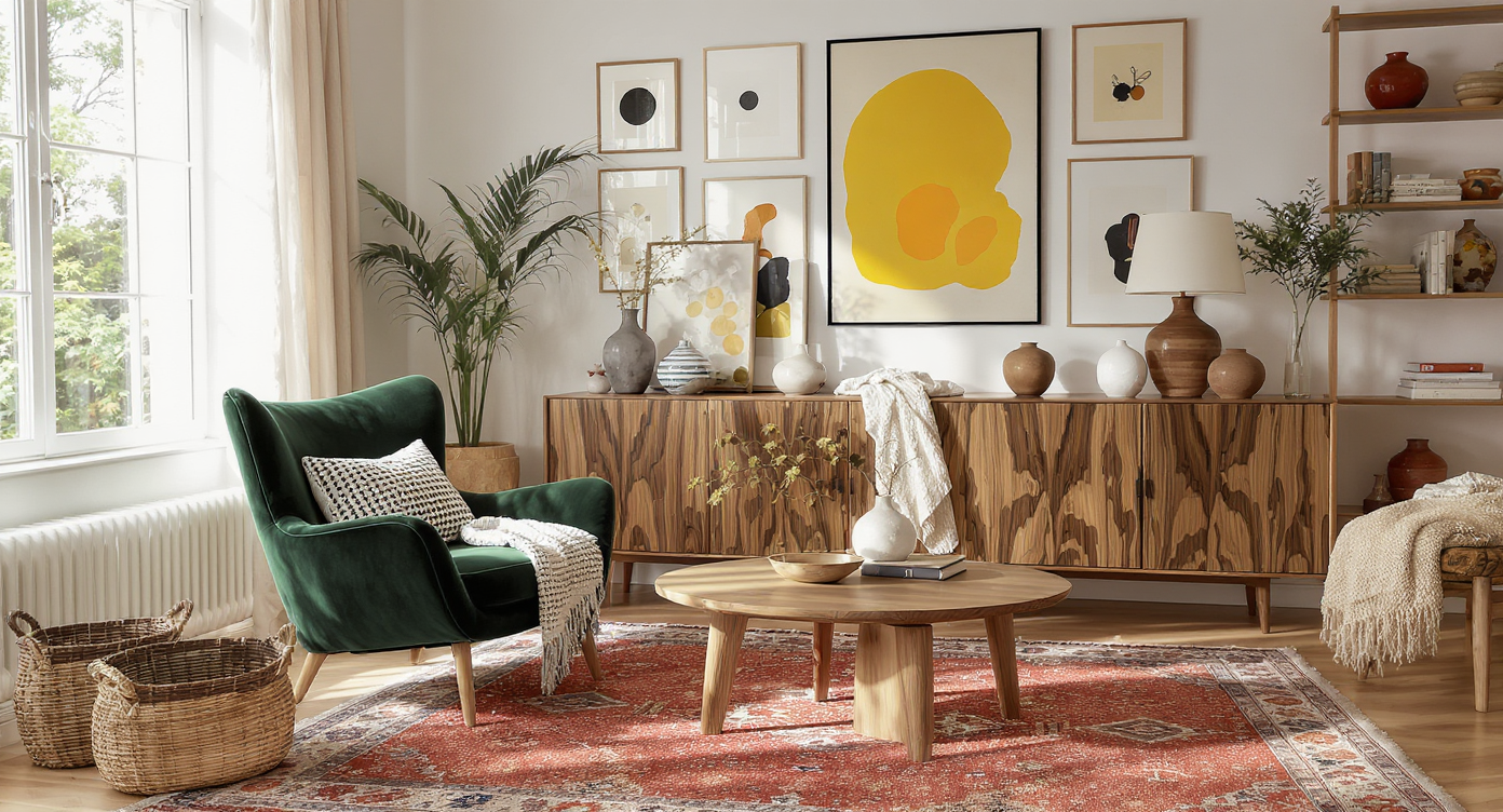 Editorial living room scene with mid-century chair, rounded wood table, pottery, art-filled wall, and sculptural brass lighting in earth tones.