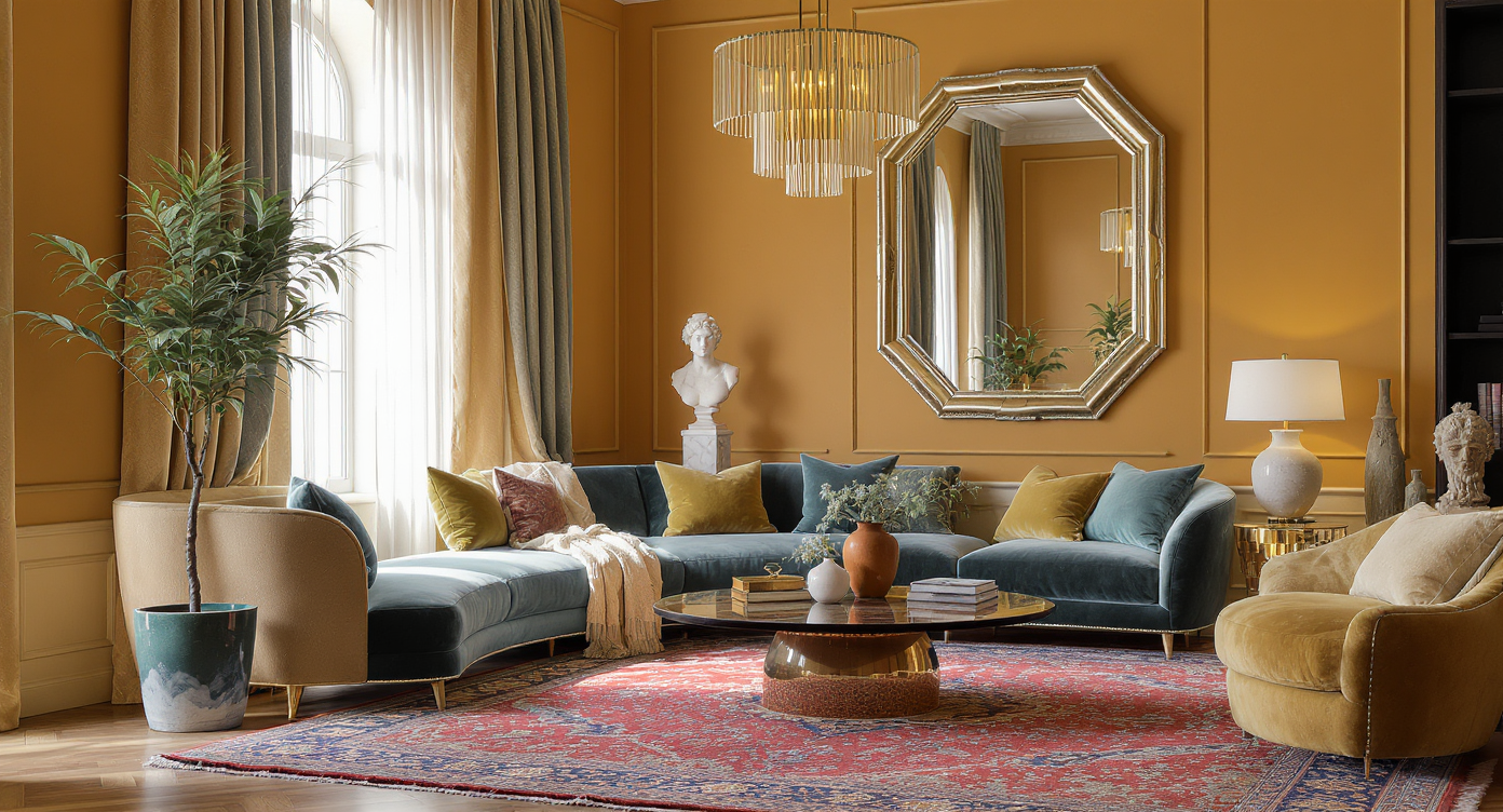 A modern eclectic living room in ochre tones, featuring a curved banquette, art deco mirror, emerald velvet sofa, and Persian rug.