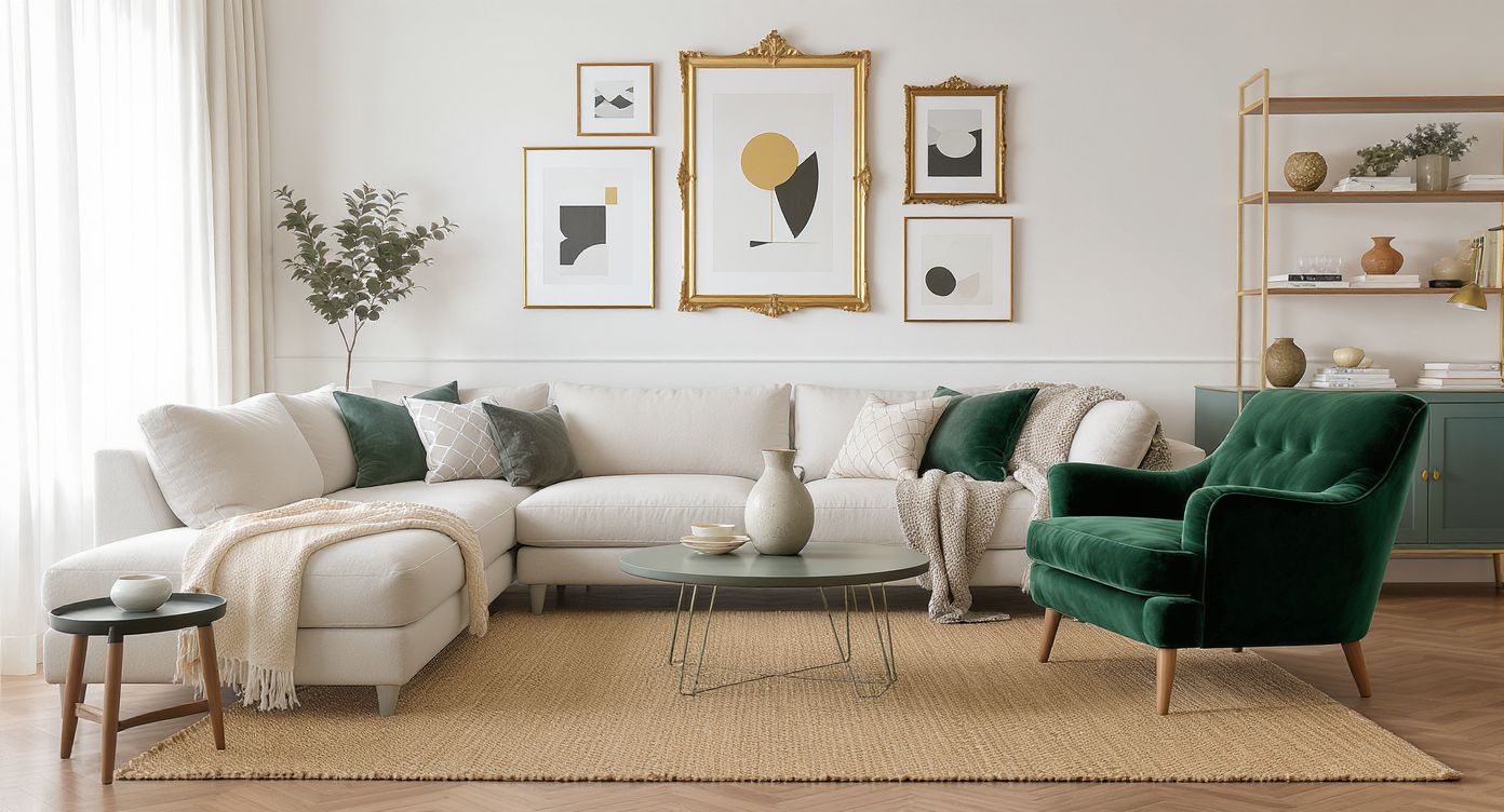 Photorealistic eclectic living room with a neutral sofa, vintage green chair, minimalist green table, art, layered decor, and natural light.