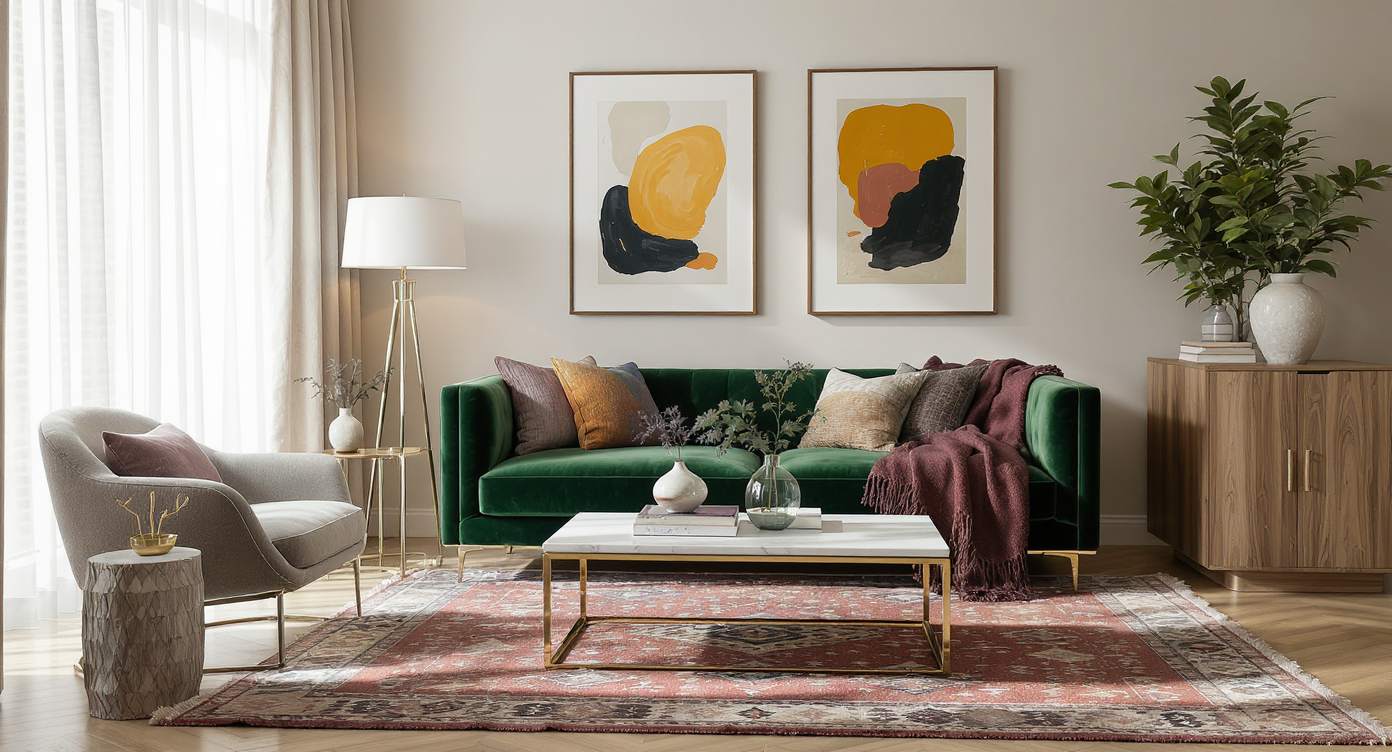 Photo of a new eclectic living room with velvet settee, marble table, layered textiles, diverse artworks, and vibrant accent decor.