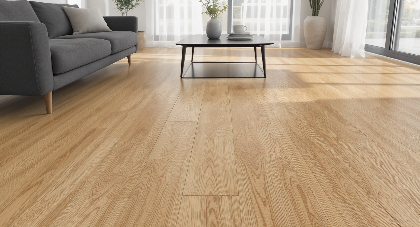 Modern sunlit living room with wide expanse of natural oak hardwood floor featuring subtle wear and grain, modern furniture, no people visible.
