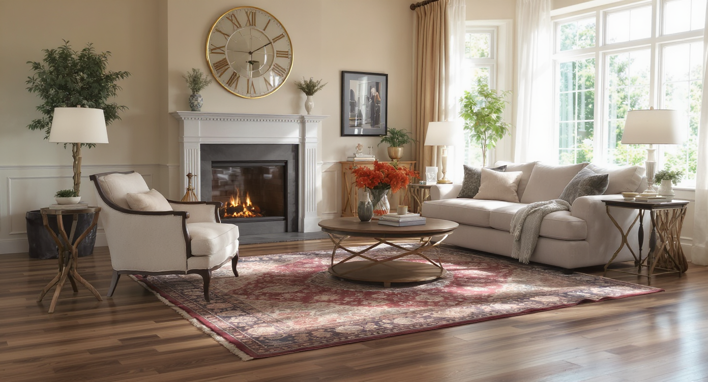 Sunlit living room with real hardwood flooring in oak, walnut, and maple, blending modern and vintage furnishings to highlight timeless adaptability.