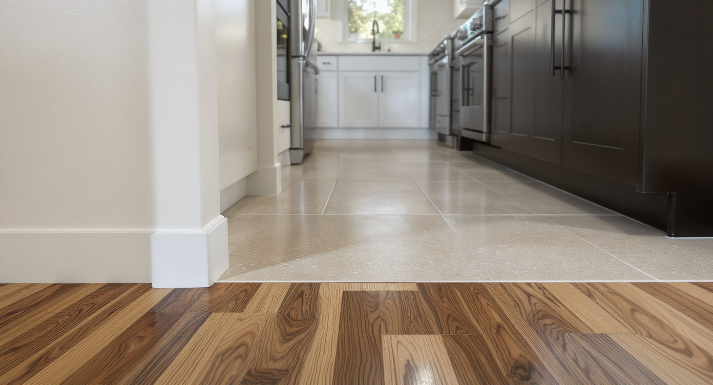 A modern kitchen transitions into a living area, showing wood-look tile in the kitchen and real hardwood in the living space, highlighting their harmony.
