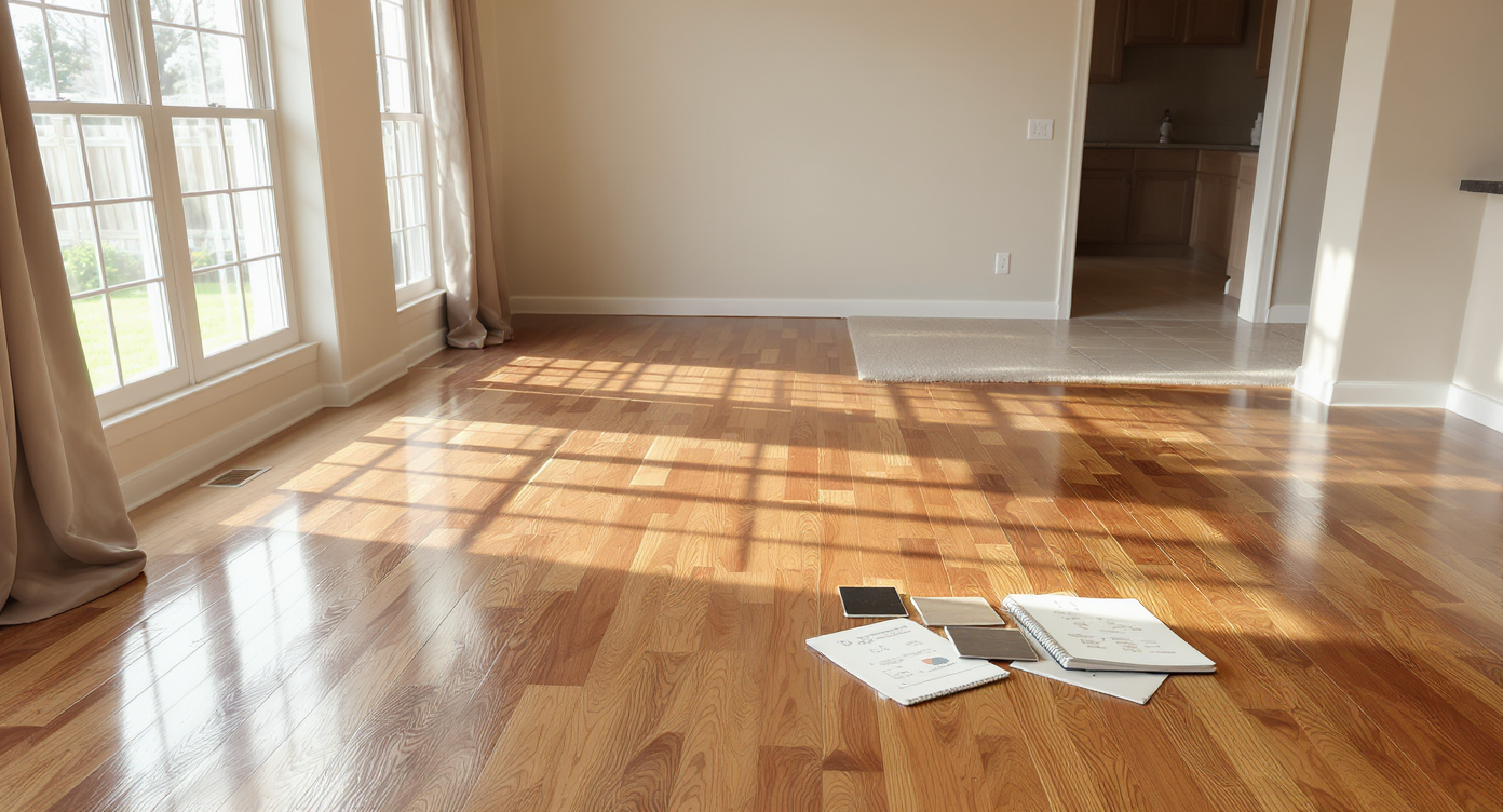 A sunlit living room with hardwood flooring showing wear, visible transitions to carpet and tile, and flooring samples laid out for comparison.